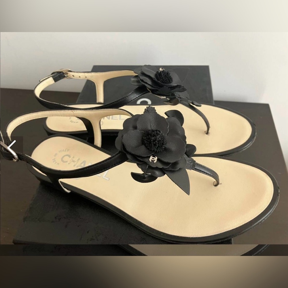 Chanel Black Leather Camellia Flower Sandals